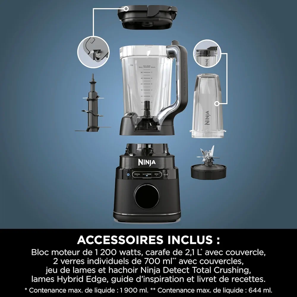 Ninja Detect Power Blender Pro & Single Serve 2-en-1 – Mixeur 1200 W avec Récipient 2 L et 2 Gobelets Individuels – TB301EU - Thumbnail 6