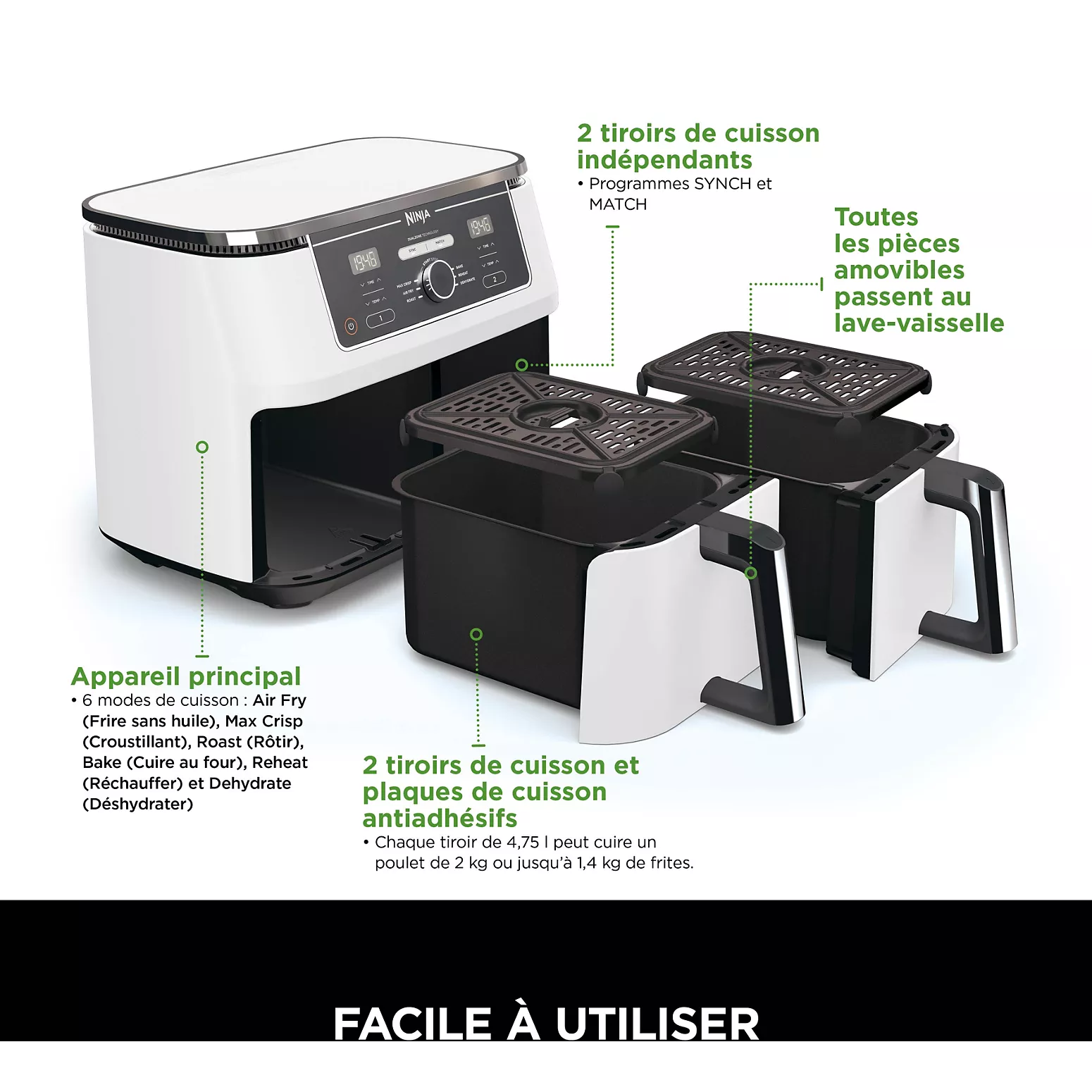 Ninja Foodi MAX Dual Zone Air Fryer AF400EUWH – Friteuse à Air Chaud 9,5 L – Double Tiroir – Blanc - Thumbnail 2