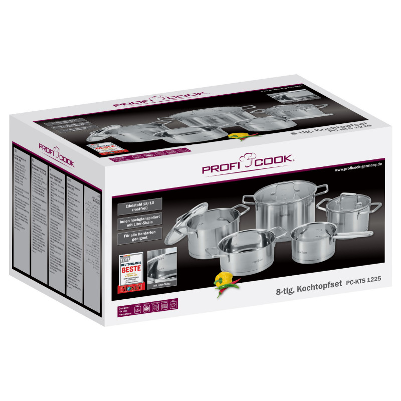 Lot de 8 Casseroles ProfiCook PC-KTS 1225 – Induction – Compatible Tous Feux : Induction, Céramique, Halogène et Gaz – Acier Inoxydable avec Couvercles
