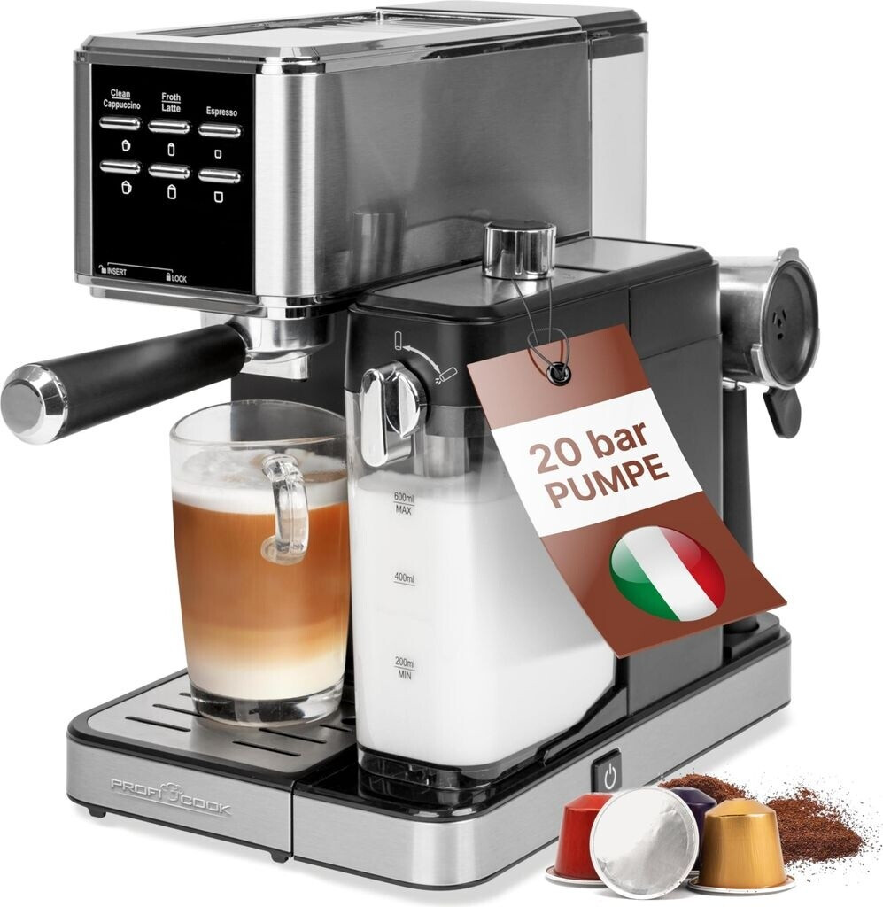 Machine à Espresso ProfiCook PC-ES 1266 – 2 en 1 – Café en Poudre et Capsules Nespresso – Porte-Filtre – 20 Bar – Système Lait pour Cappuccino & Café au Lait