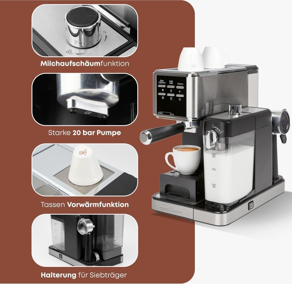 Machine à Espresso ProfiCook PC-ES 1266 – 2 en 1 – Café en Poudre et Capsules Nespresso – Porte-Filtre – 20 Bar – Système Lait pour Cappuccino & Café au Lait - Thumbnail 3