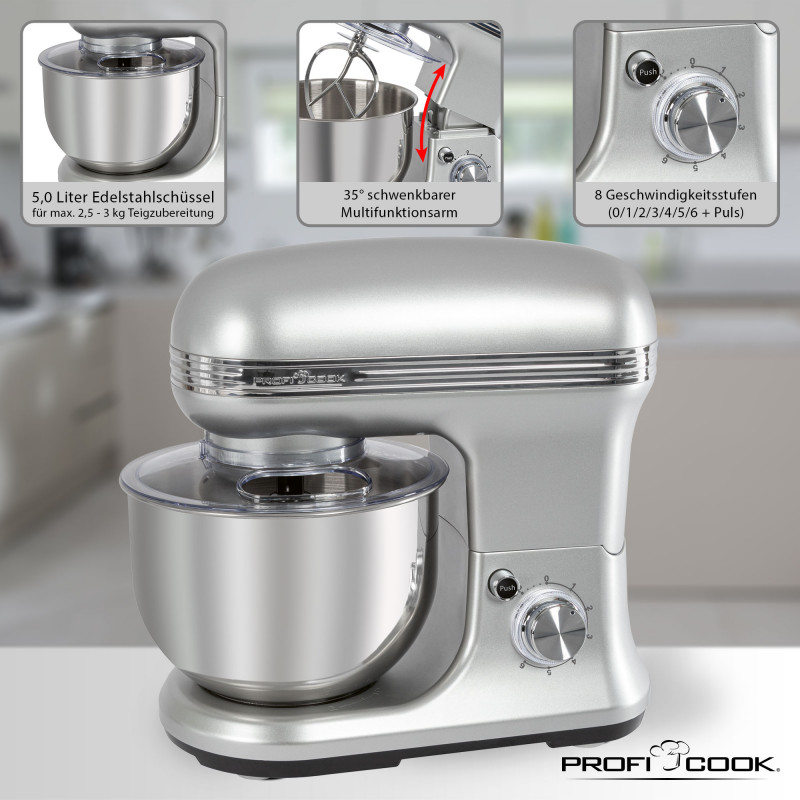 Robot Pétrin Multifonction ProfiCook PC-KM 1222 W – 1200 W – Avec Balance Intégrée – Bol Inox 5 L - Thumbnail 3