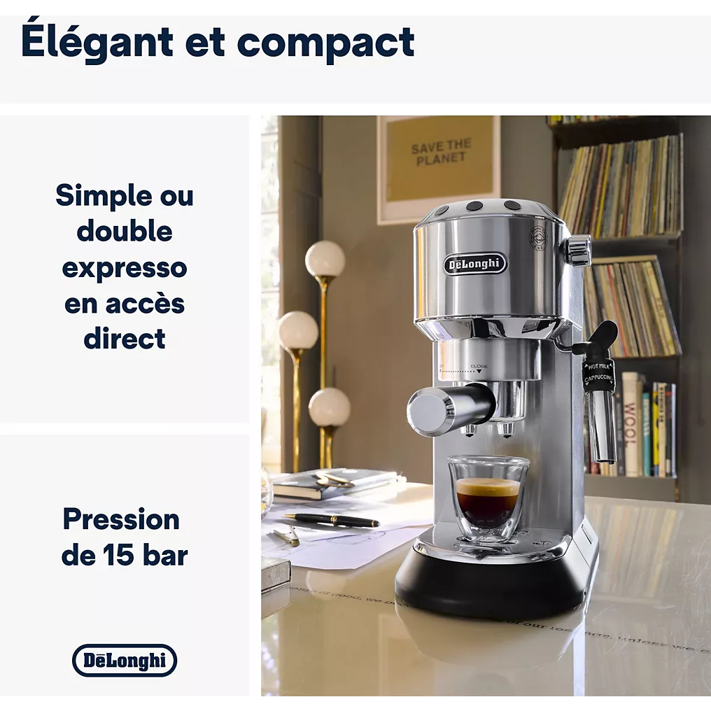 Machine à Expresso De'Longhi Dedica Style EC685.M – Buse à Mousse de Lait – 15 cm – Réservoir 1 L – Métal – Compatible Dosettes E.S.E - Thumbnail 2