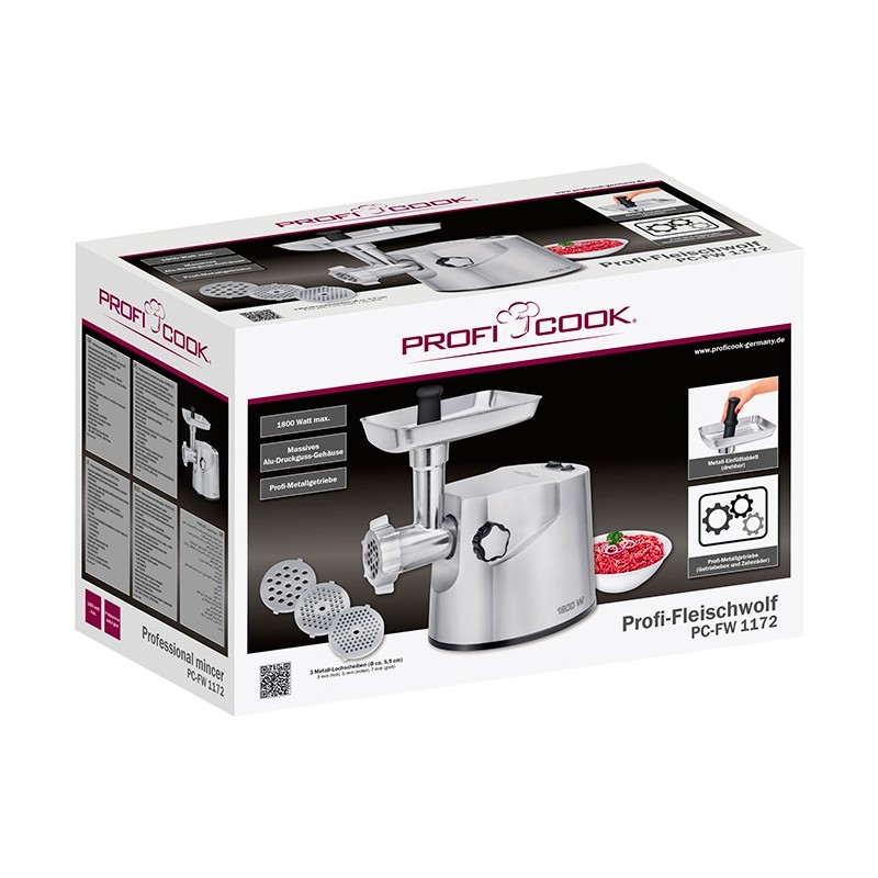 Hachoir à Viande ProfiCook PC-FW 1172 – Professionnel – 1800 W – 3 Disques Métal – Tête Clé & Saucisse – Lames Acier Inoxydable – Argent - Thumbnail 7