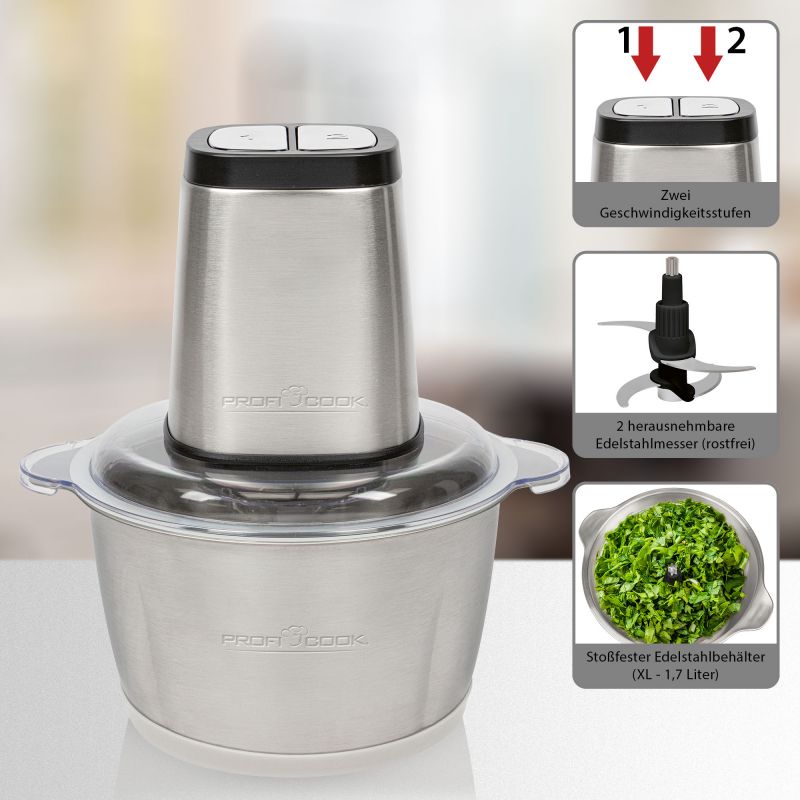 Mini-Hachoir Électrique ProfiCook PC-MZ 1227 – Bol Inox 1,7 L – Fonction Ice Crush – 2 ou 4 Lames - Thumbnail 3