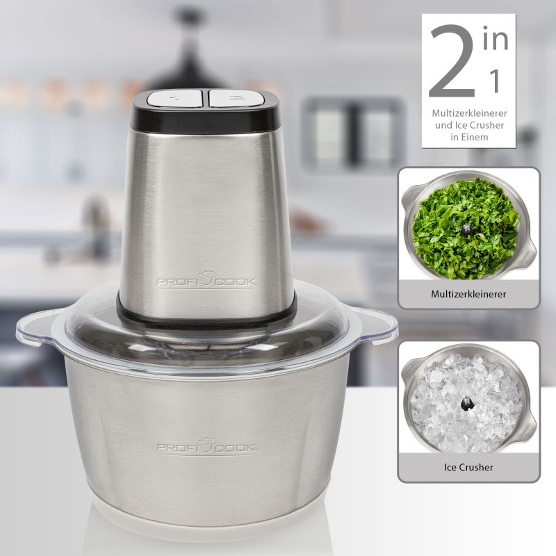 Mini-Hachoir Électrique ProfiCook PC-MZ 1227 – Bol Inox 1,7 L – Fonction Ice Crush – 2 ou 4 Lames - Thumbnail 4