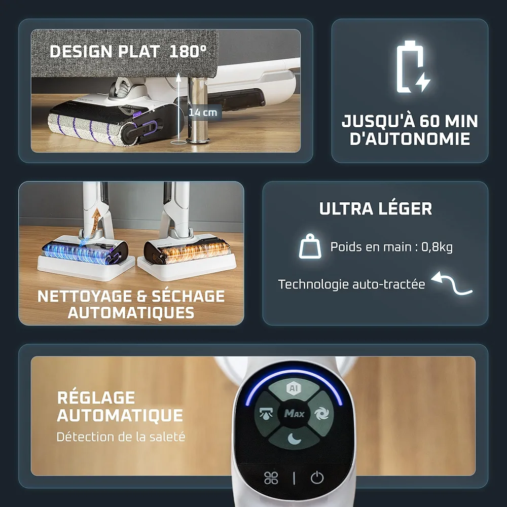 Rowenta X-Clean 10 – Aspirateur Laveur Sans Fil Nettoyage 2-en-1 • Design plat 180° • Auto-nettoyage & séchage 65°C • Autonomie 60 min - Thumbnail 8